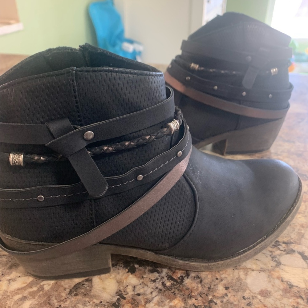 Women's Black Ankle Boots with Decorative Straps